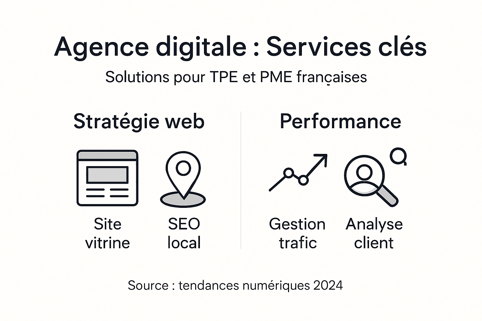 Les services essentiels proposés par une agence digitale spécialisée pour les PME, présentés en infographie