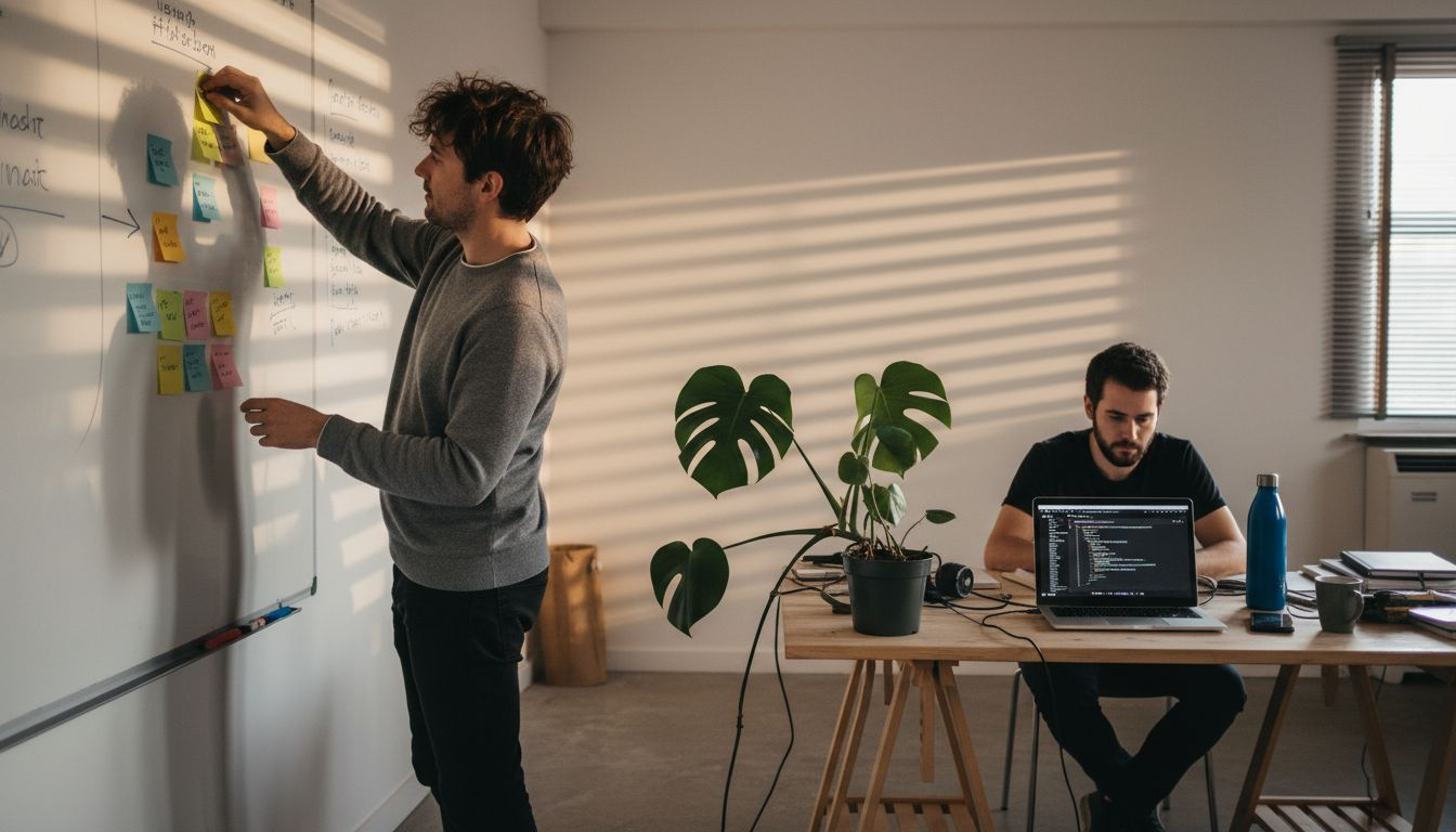 L’équipe composée de webdesigners et de développeurs se réunit autour d’un tableau pour une séance de brainstorming.