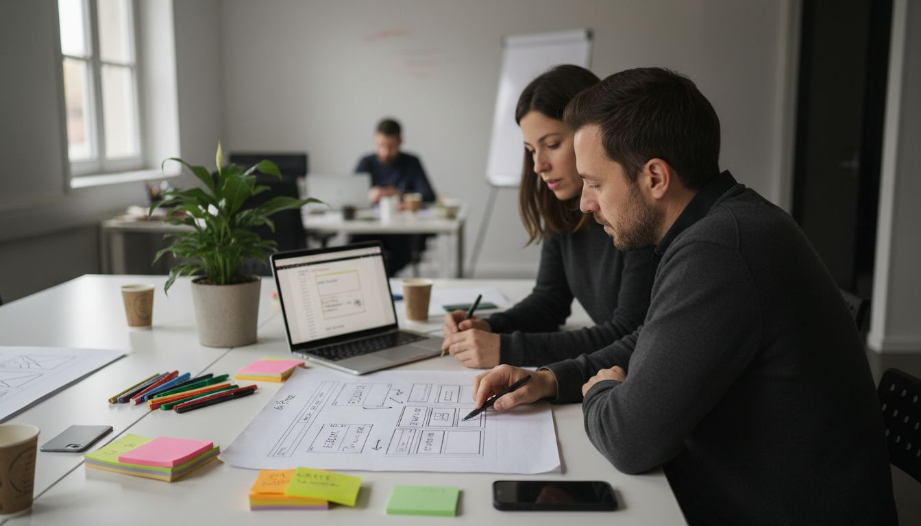 L’équipe travaille sur la conception du site web en réalisant des esquisses pour définir l’agencement des pages.