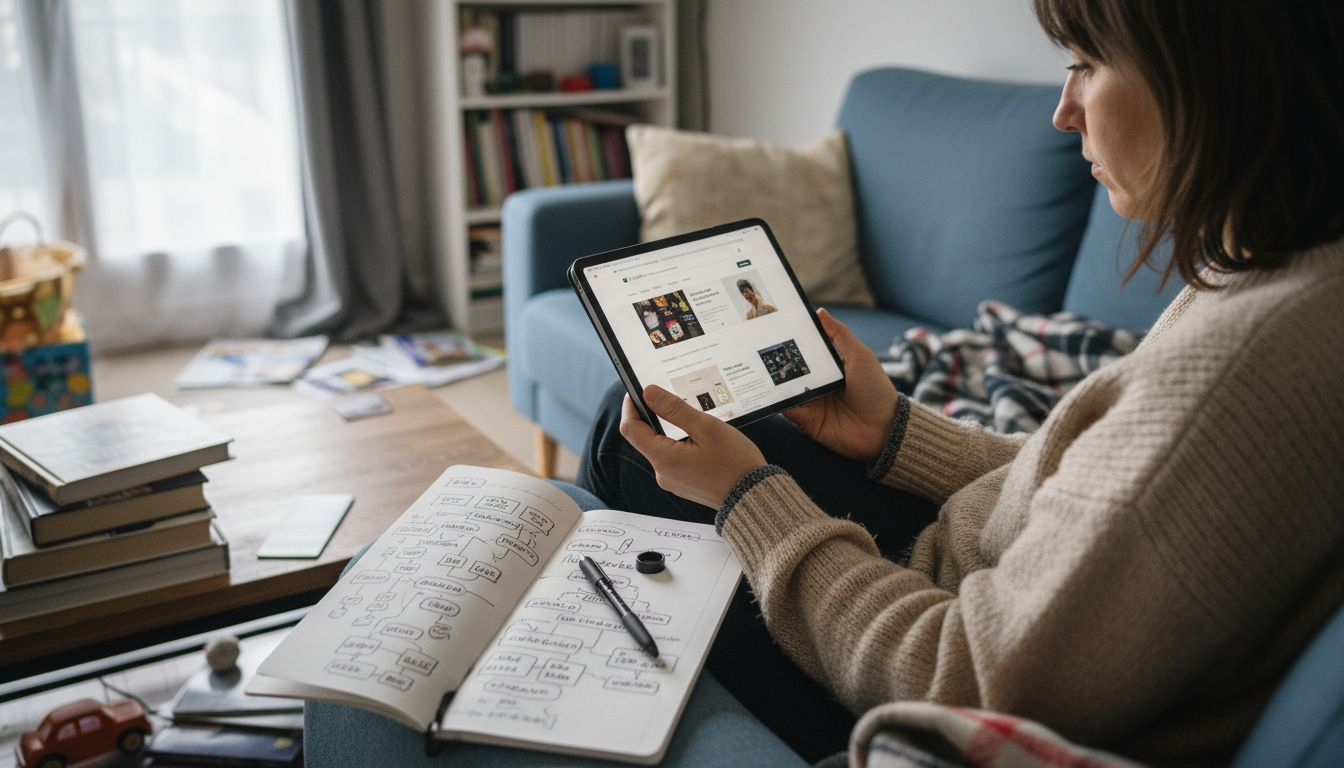 Une femme consulte le site web de sa maison sur une tablette.