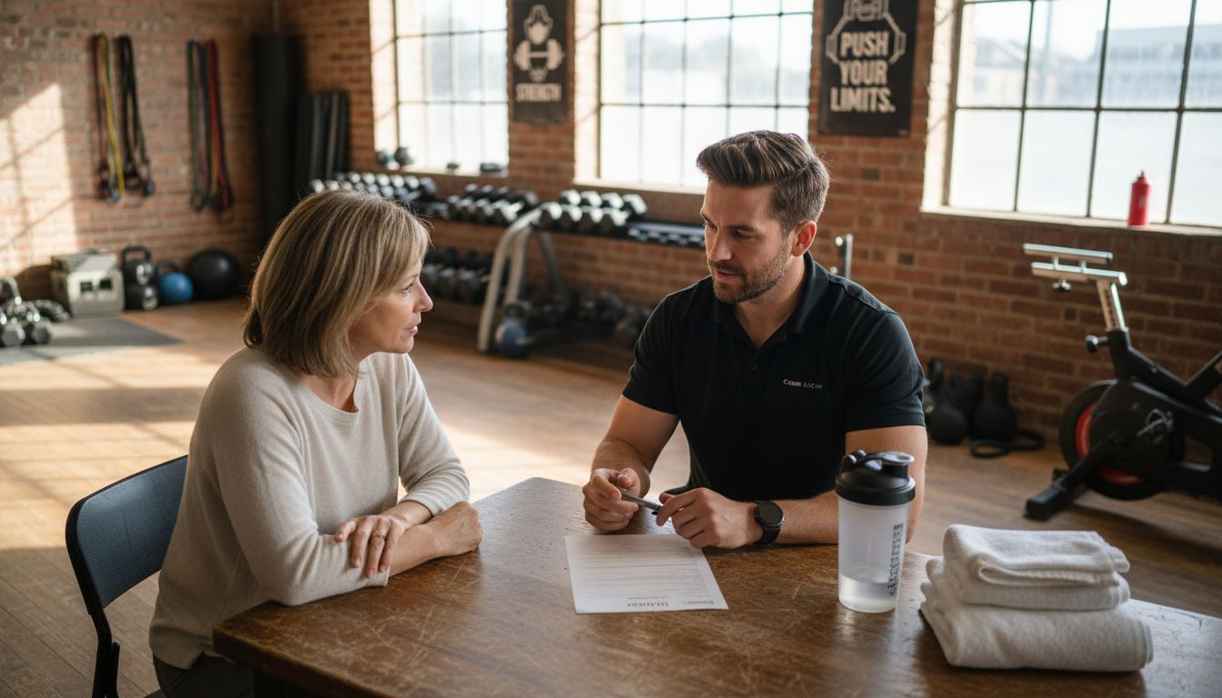 Trainer consulting new client at gym table in Vancouver