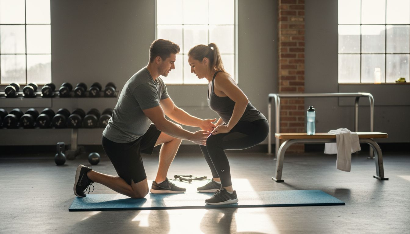 Personal training in Mississauga - trainer demonstrating squat technique to client
