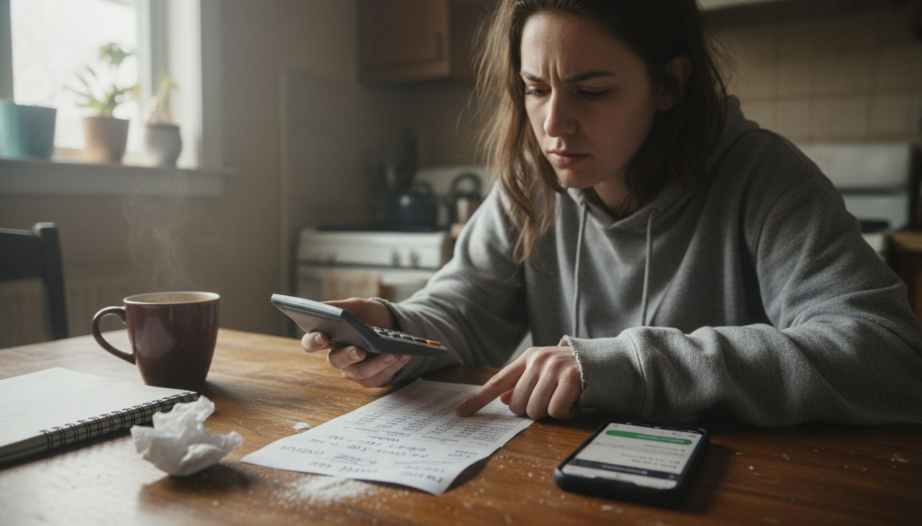 Woman calculating sports bet payout at table