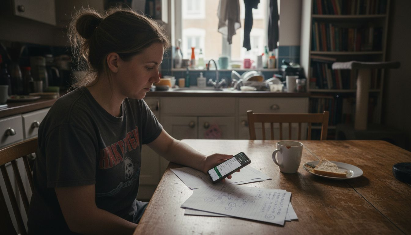 Woman analyzing betting odds in kitchen