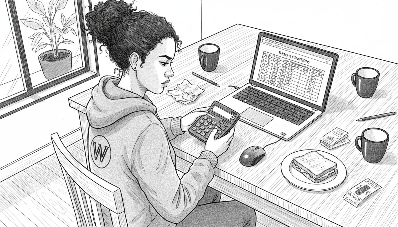Woman calculates wagering requirements at table