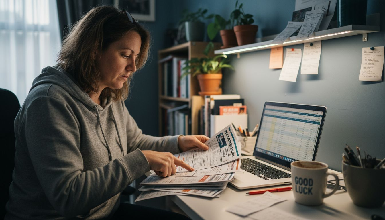 Woman reviewing bookmaker promotions at home desk