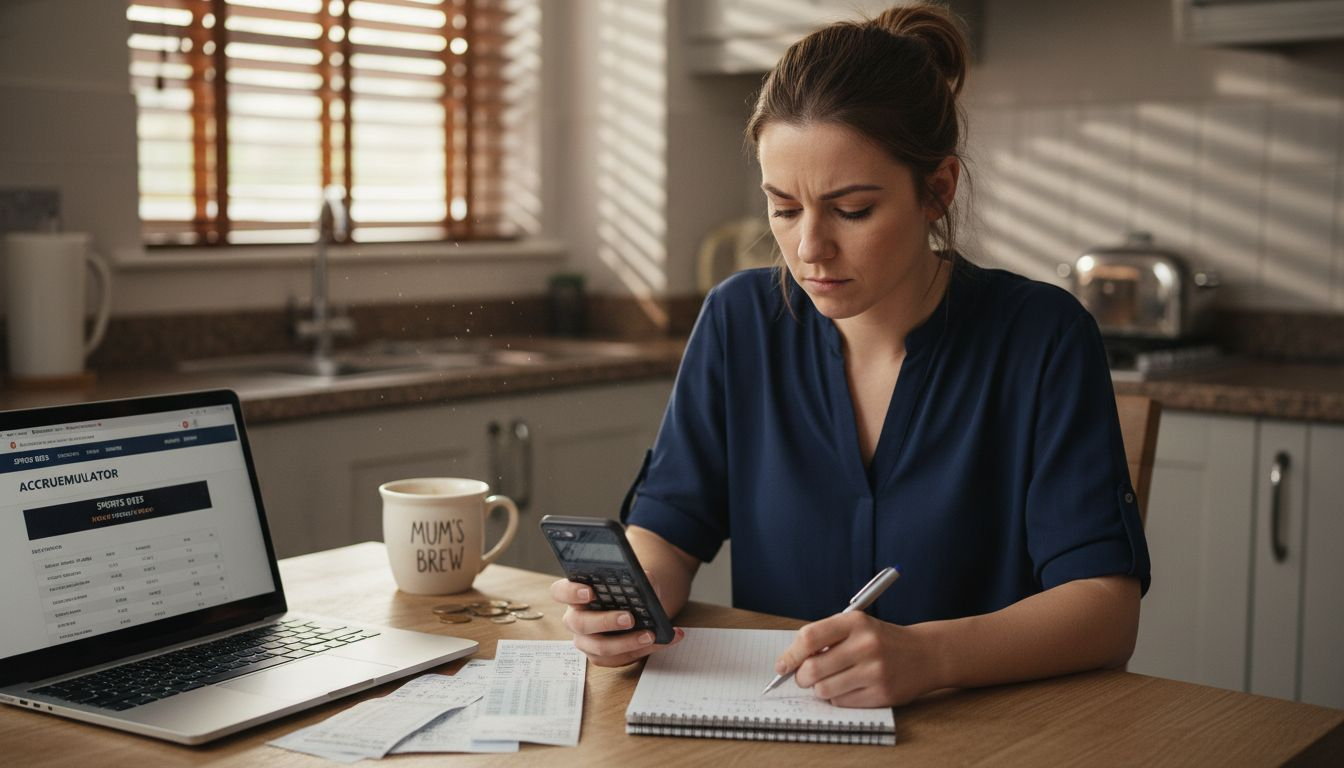 Woman calculating betting odds at kitchen table