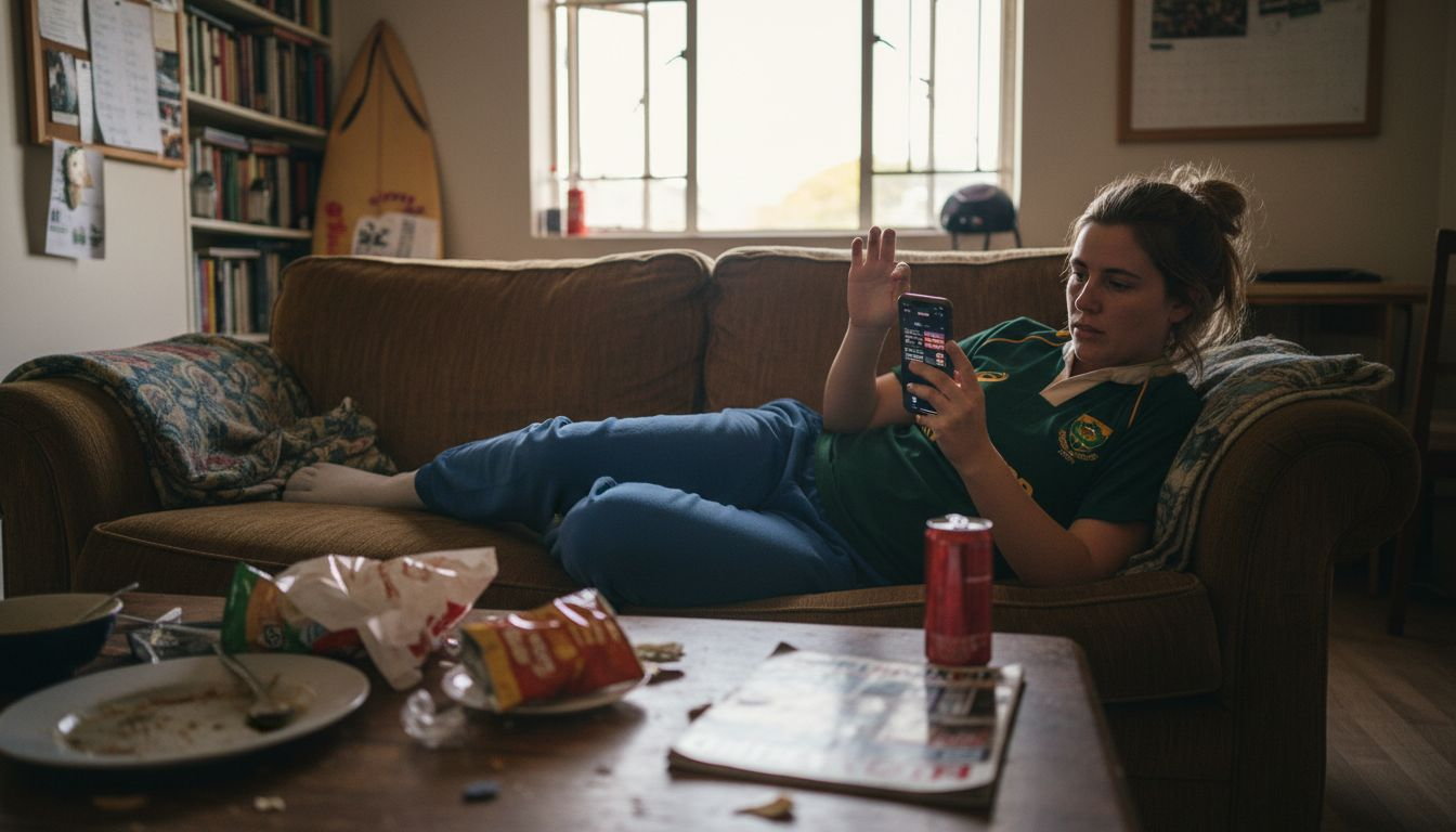 Woman using different betting apps on couch