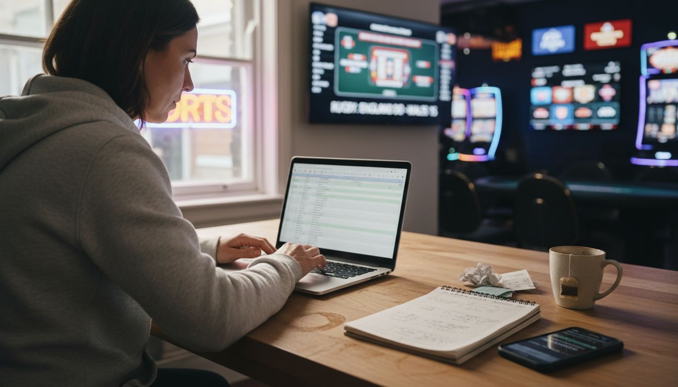 Woman tracking betting results on laptop