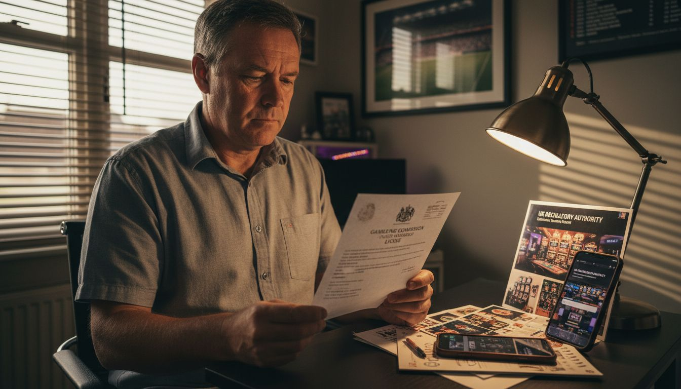 Man verifying casino license at desk with papers