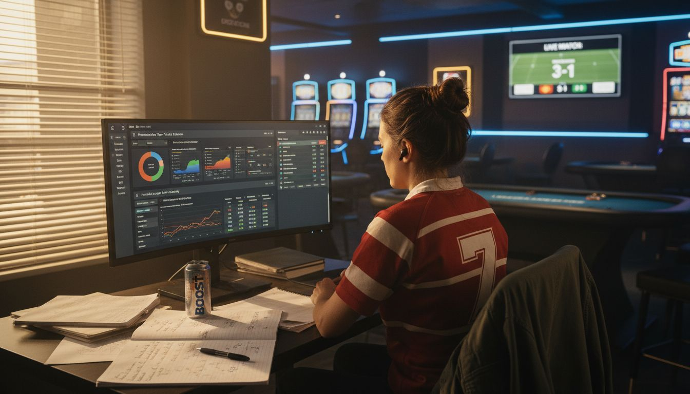 Woman reviewing sports analytics dashboard at shared desk