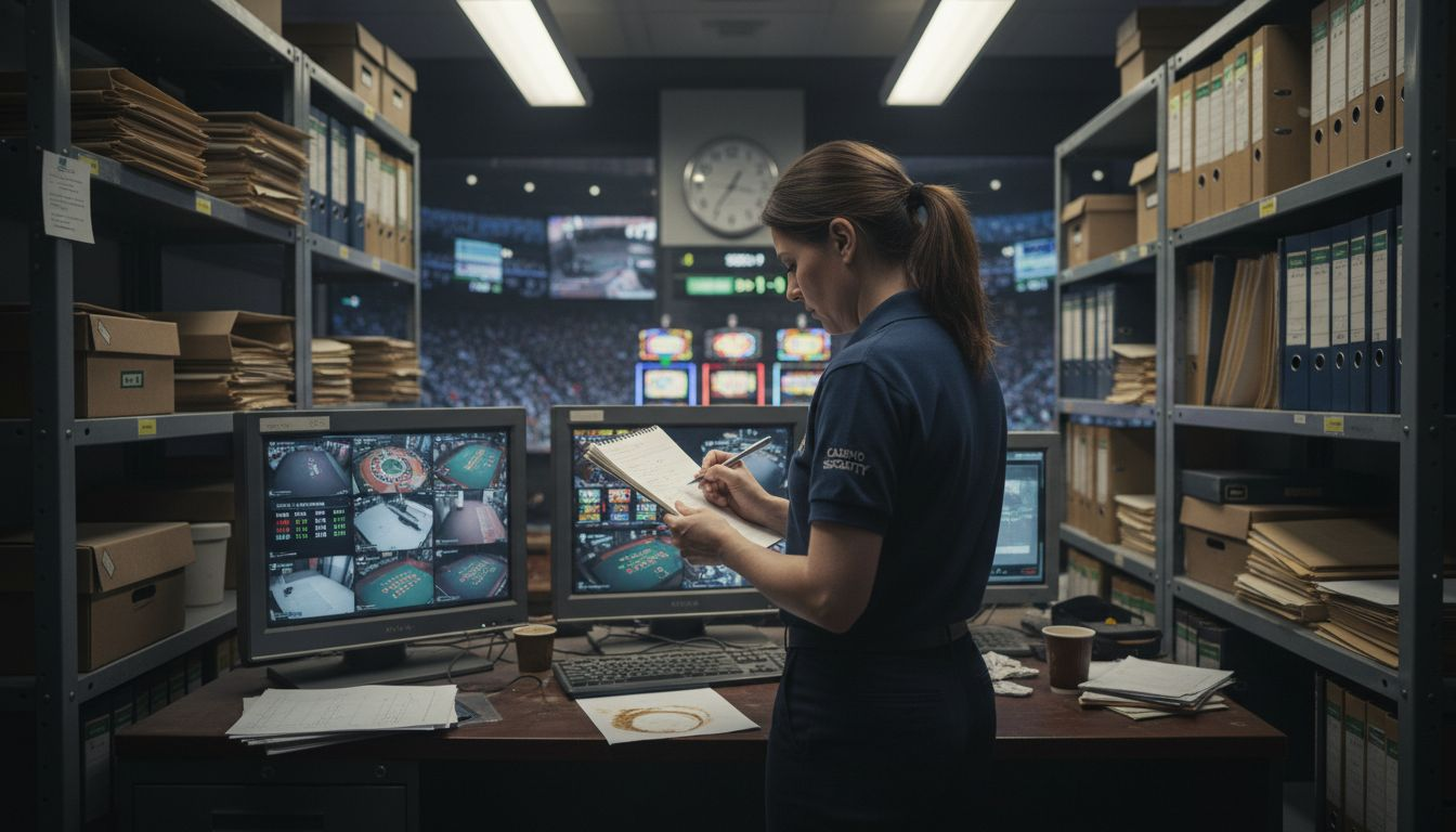 Casino security manager monitoring surveillance feeds