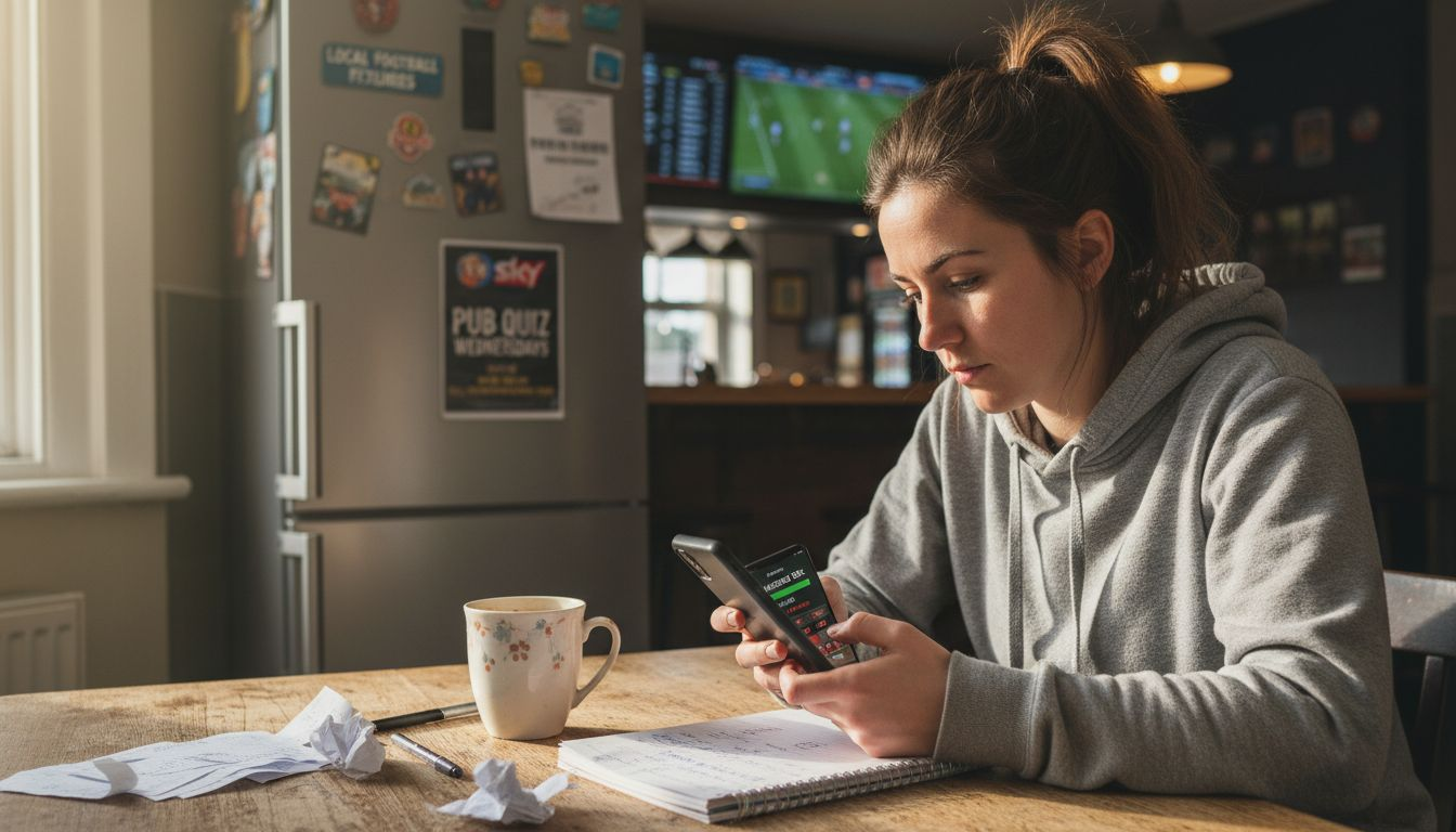 Woman calculating casino wagering at kitchen table