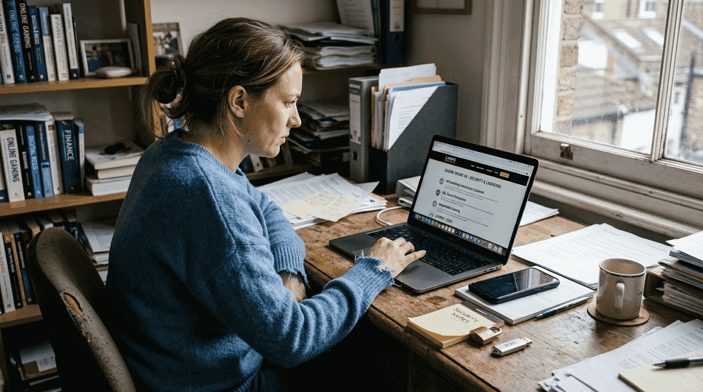 Woman verifying casino security features on laptop