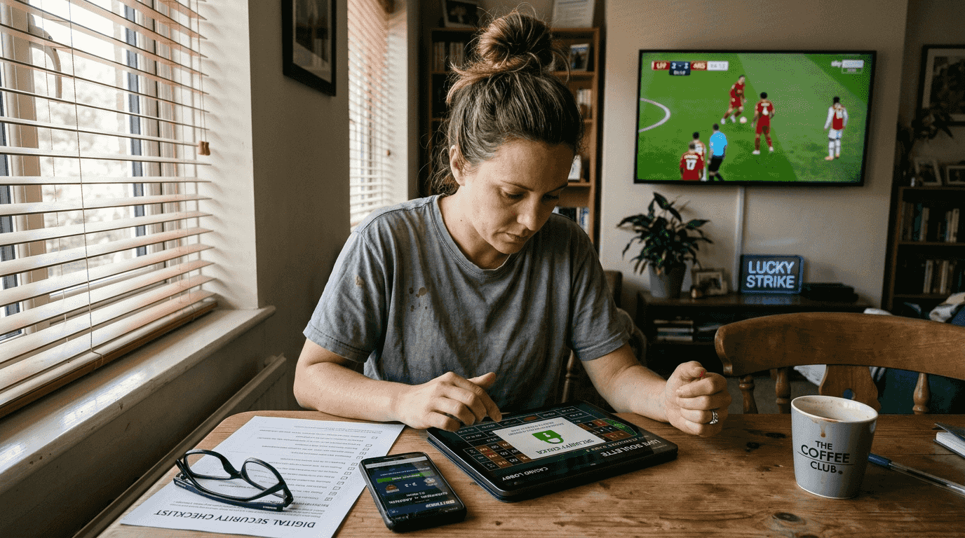 Woman reviewing casino security features at home table