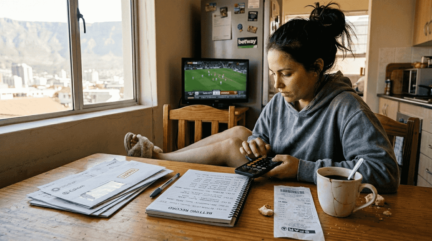 Woman calculating betting limits with bills and notebook