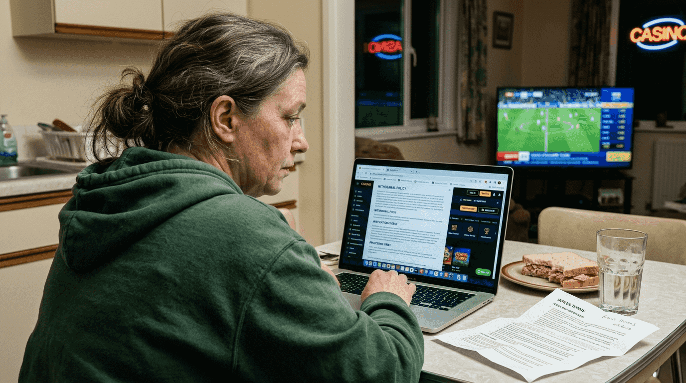 Woman checking casino withdrawal terms kitchen table