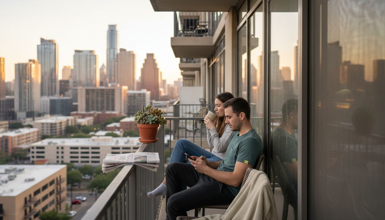 Couple enjoying Austin city balcony view