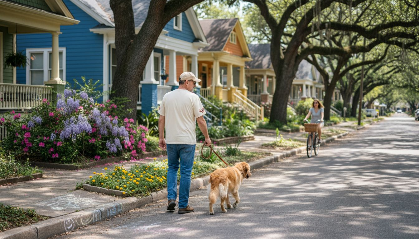 Resident walks dog in vibrant Austin street