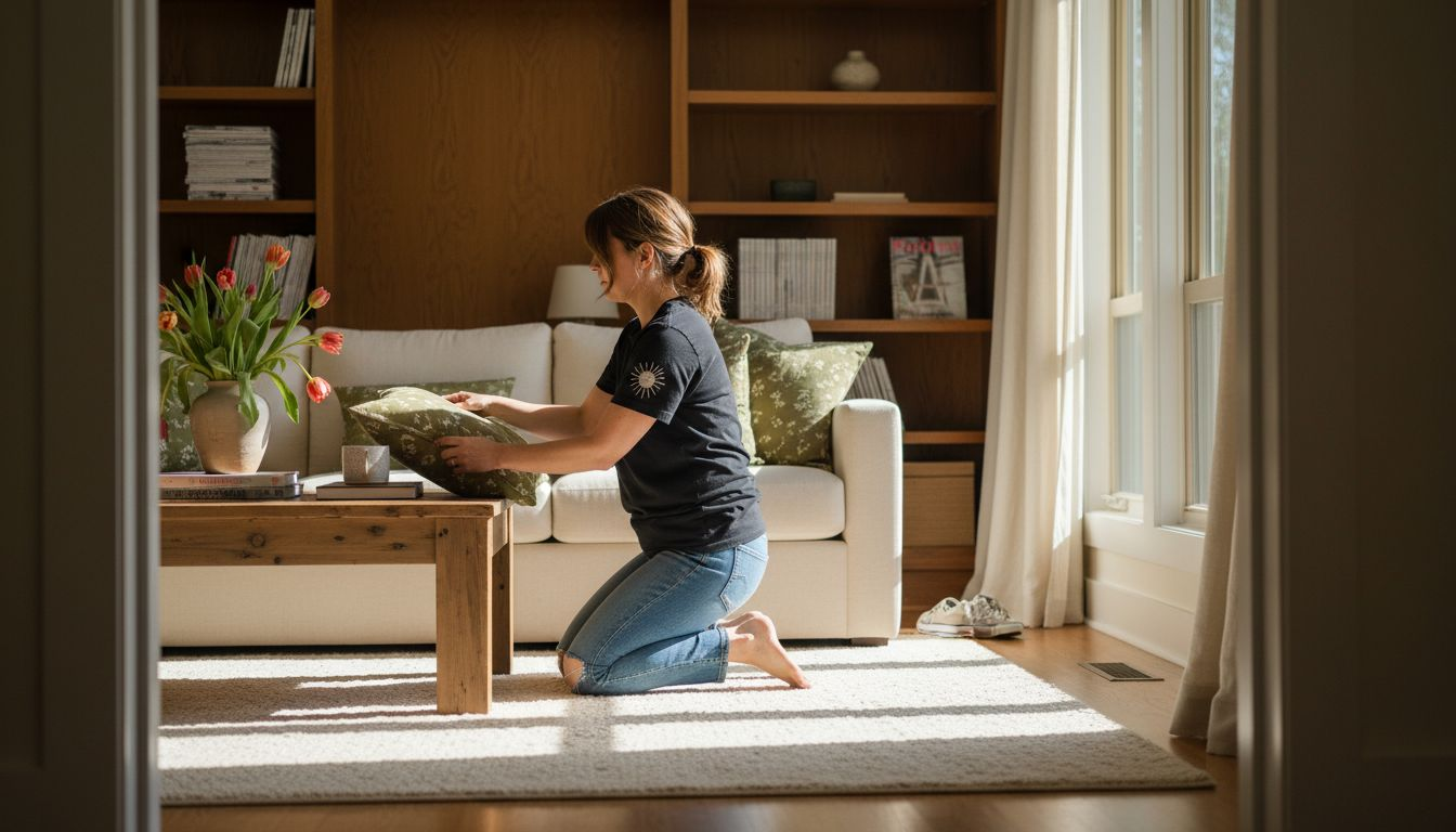 Stager preparing luxury living room interior