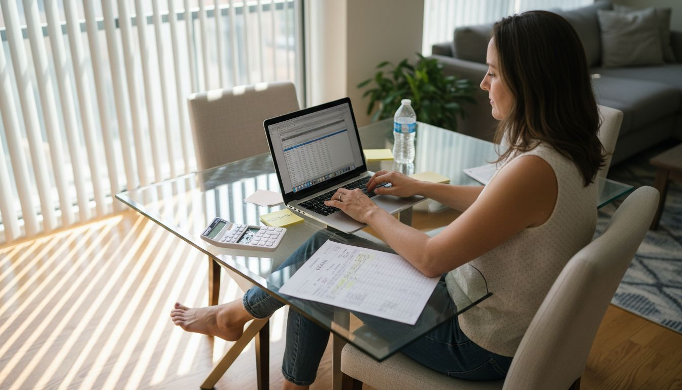 Woman analyzing Austin home market spreadsheet