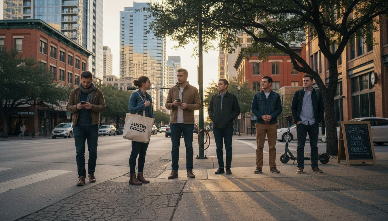 Young professionals on downtown Austin street corner