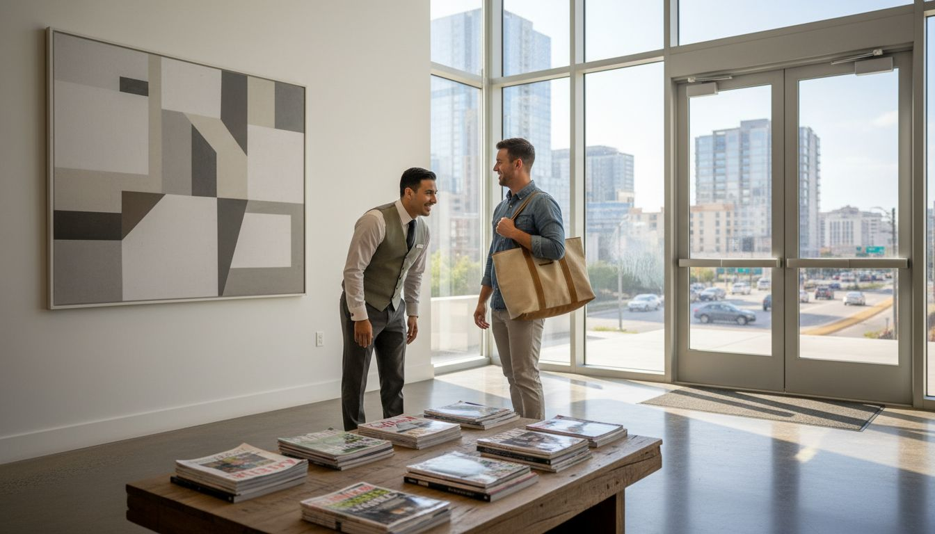 Luxury condo lobby with concierge assisting resident