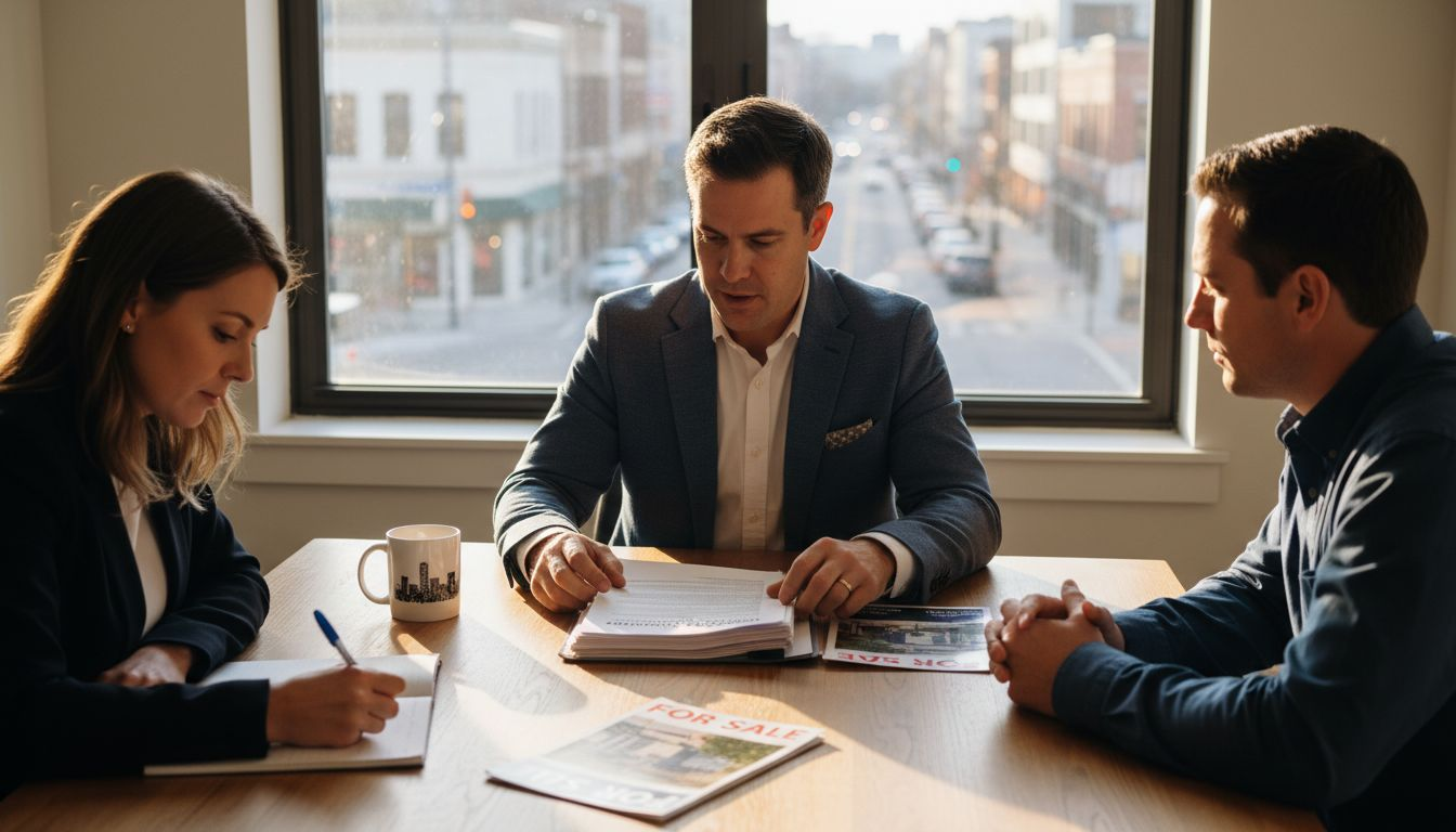 Agent and clients reviewing real estate listing