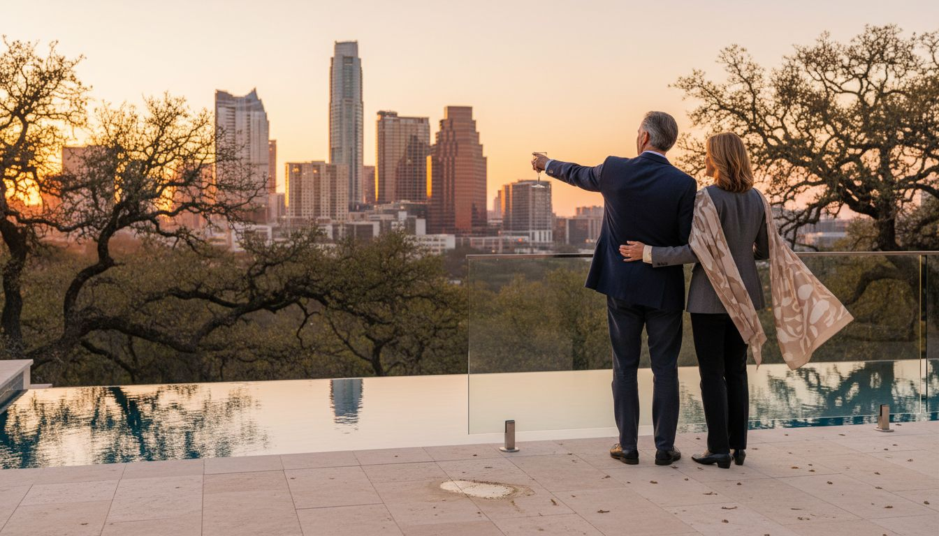 Couple on luxury Austin home terrace at sunset
