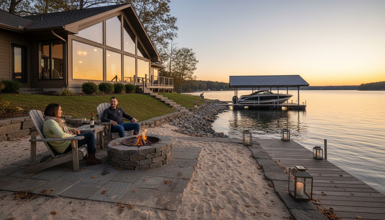 Luxury lakefront home at dusk with dock