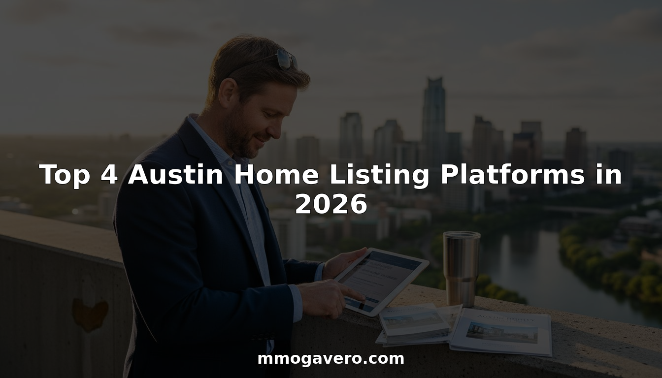 Agent reviews home listings overlooking Austin skyline