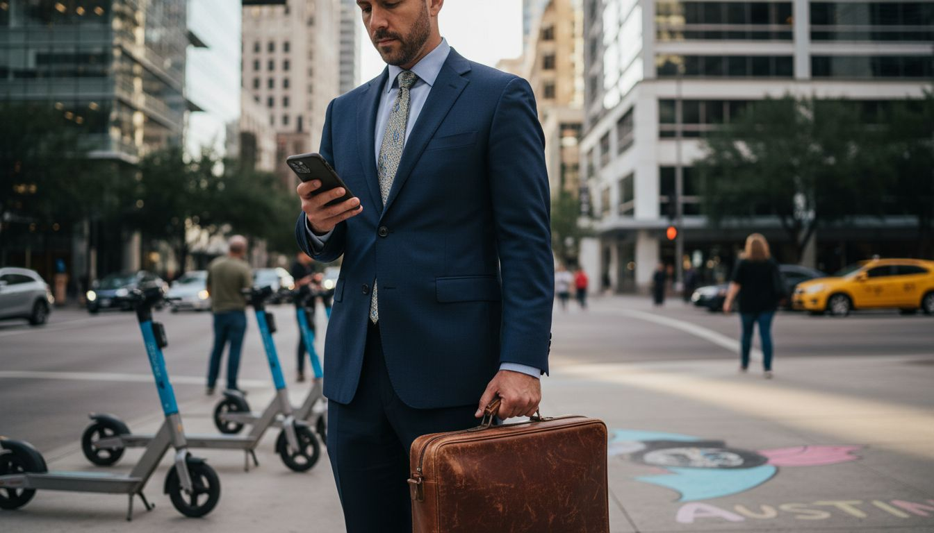 Man outside Austin glass office building
