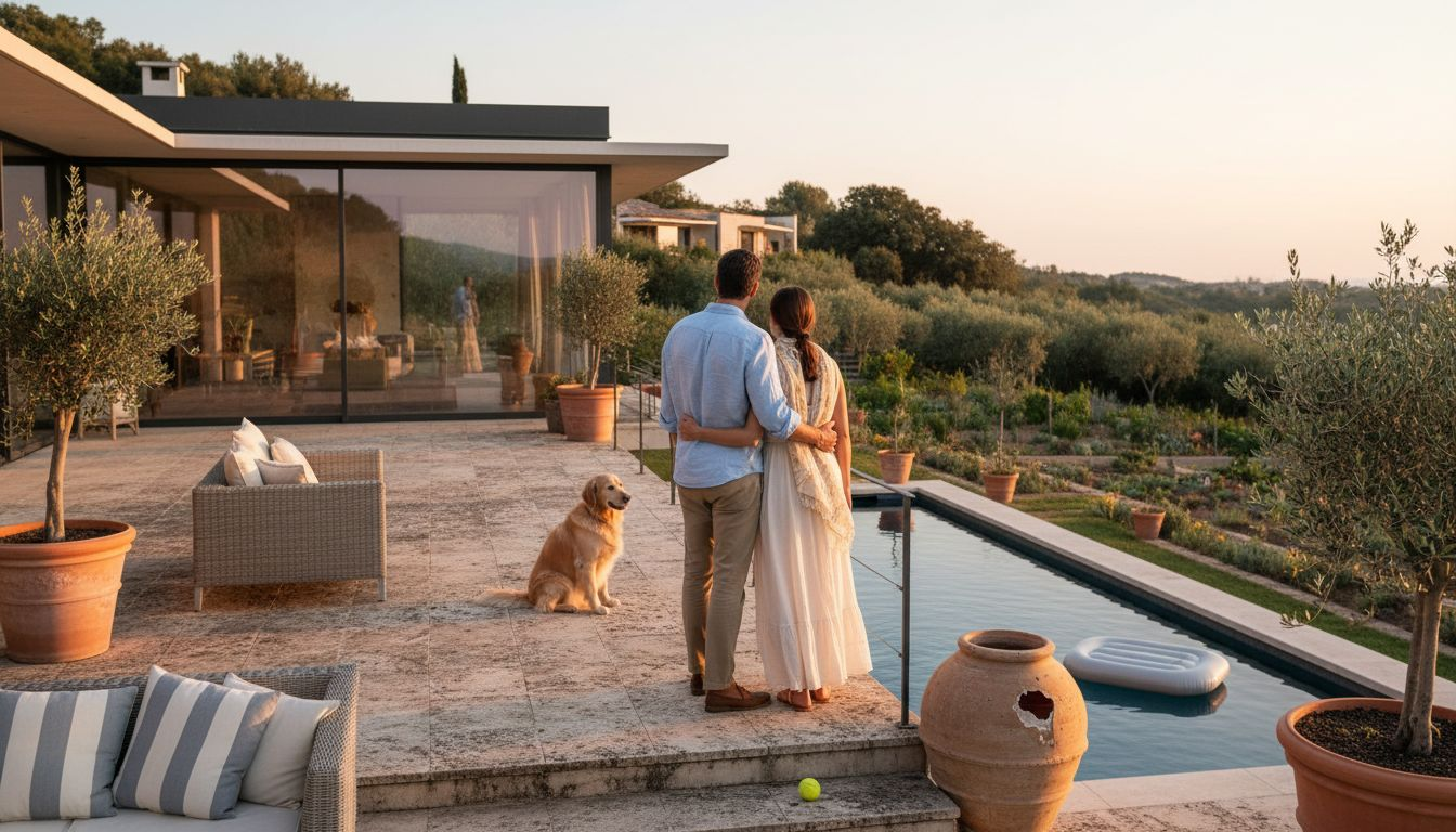 Couple on terrace of luxury estate at sunset