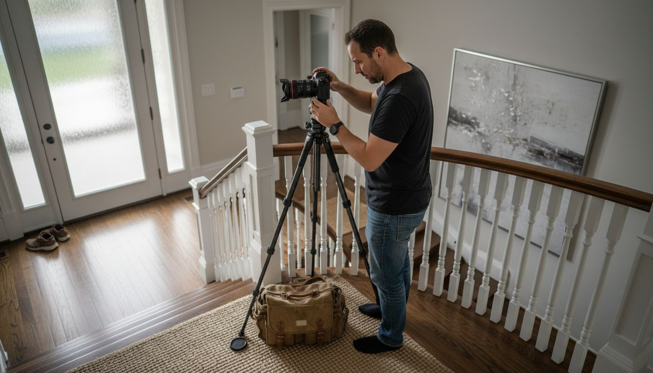 Photographer preparing shoot in luxury foyer