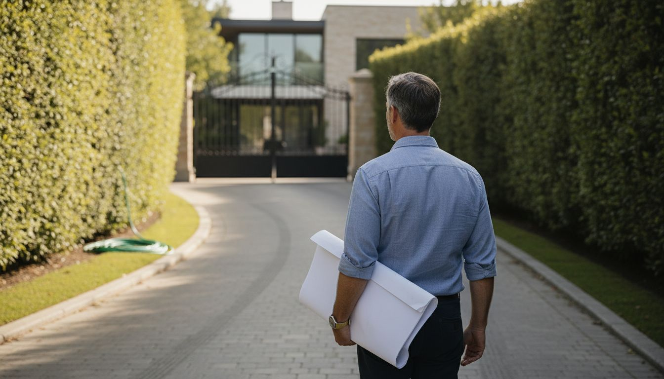 Architect reviewing private gated home driveway