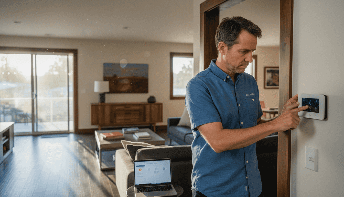 Man adjusts smart thermostat in living room