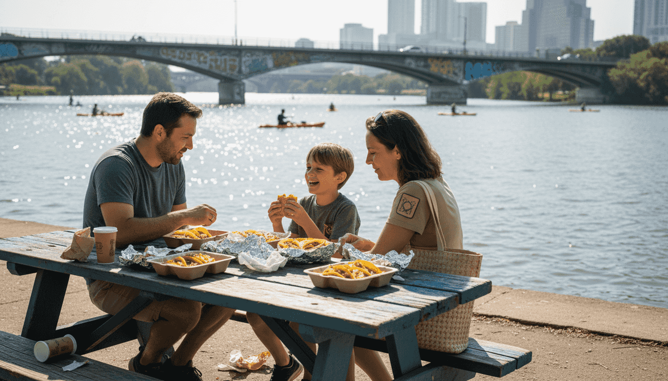 Family eating by Lady Bird Lake with city view