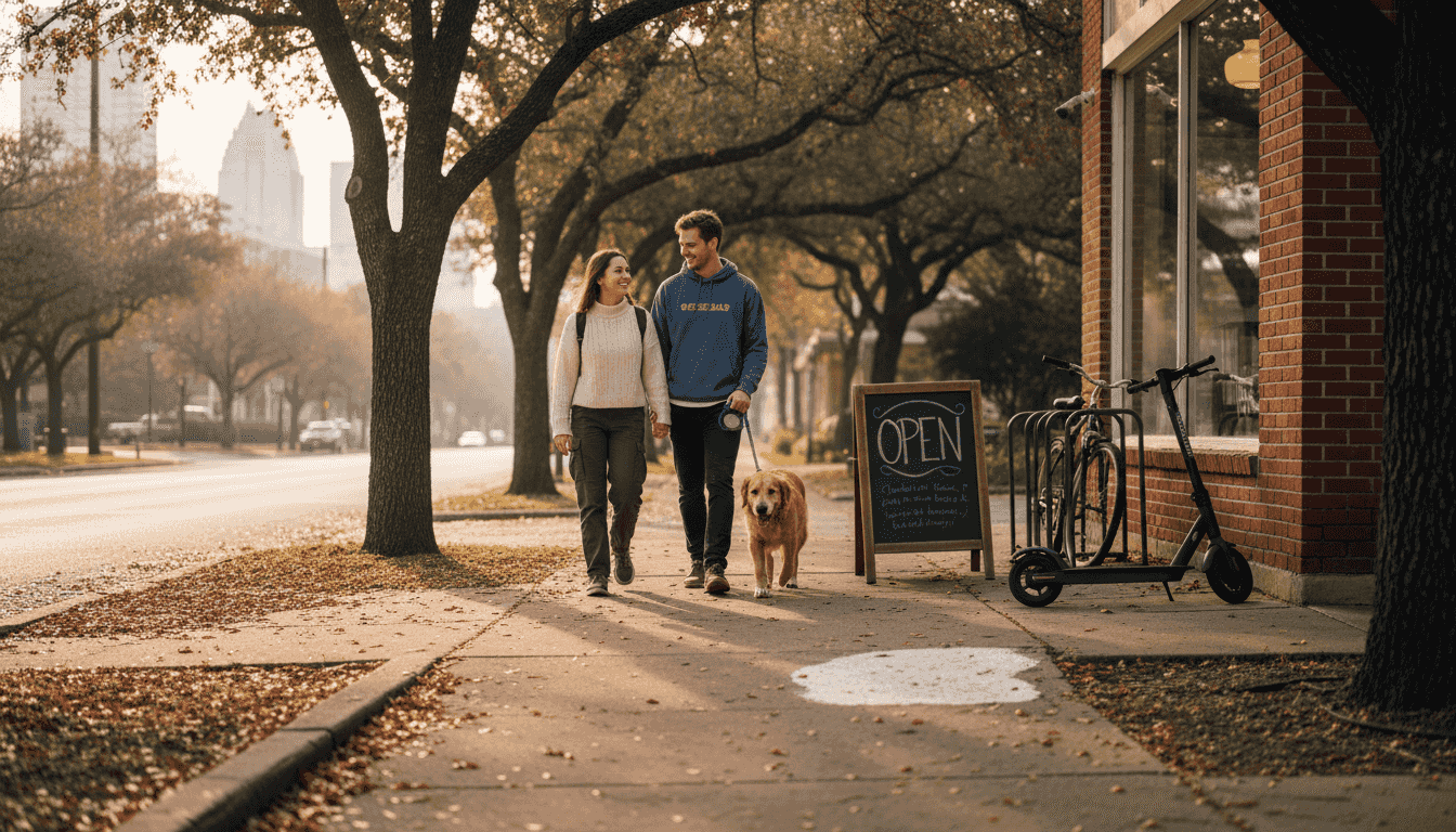 Central Austin couple walking dog near coffee shop