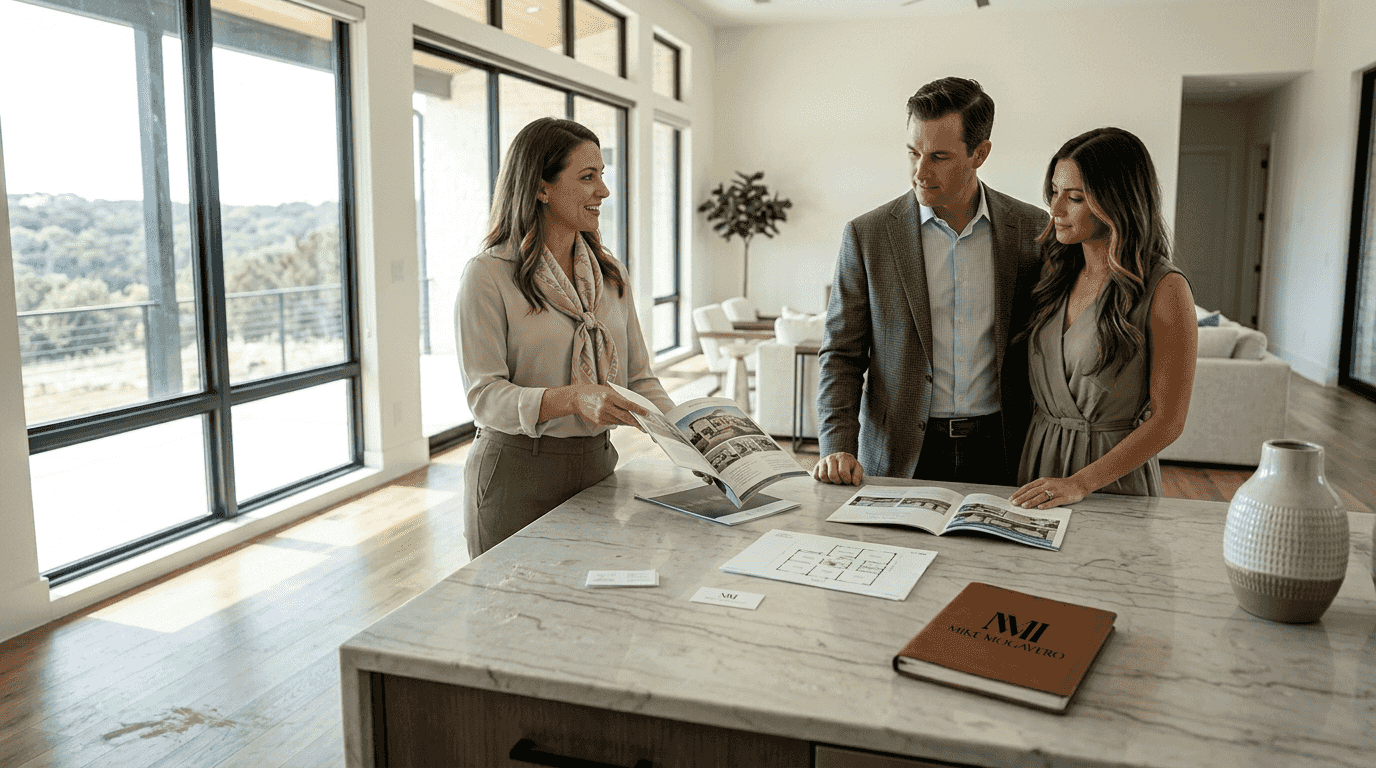 Agent showing branding brochures in luxury home
