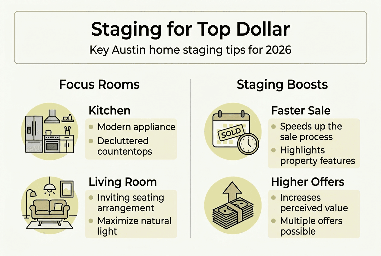 Austin home staging tips infographic summarizing focus rooms and benefits