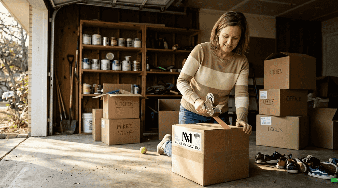Homeowner packing boxes for staging prep