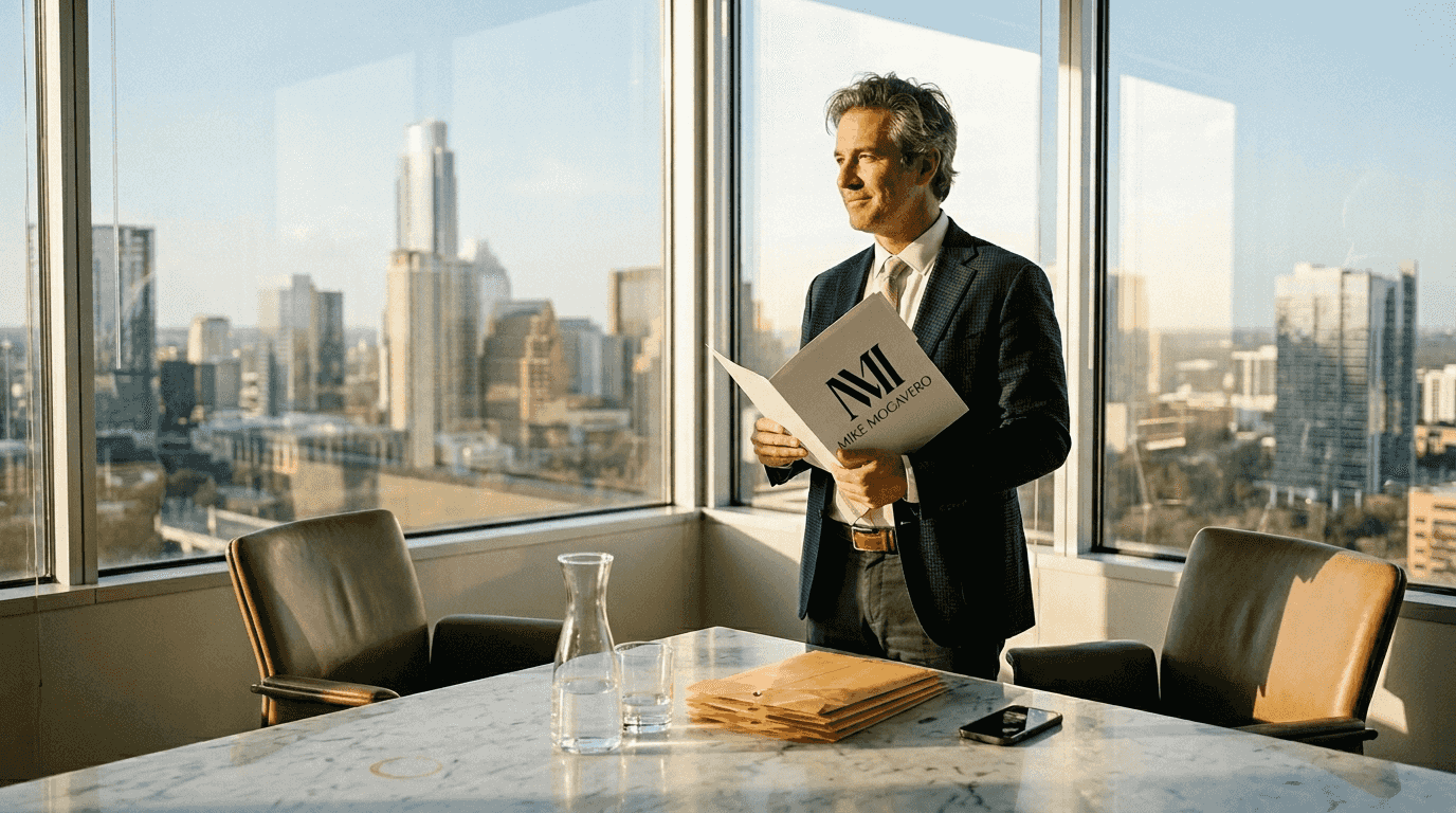 Austin agent in office with city view