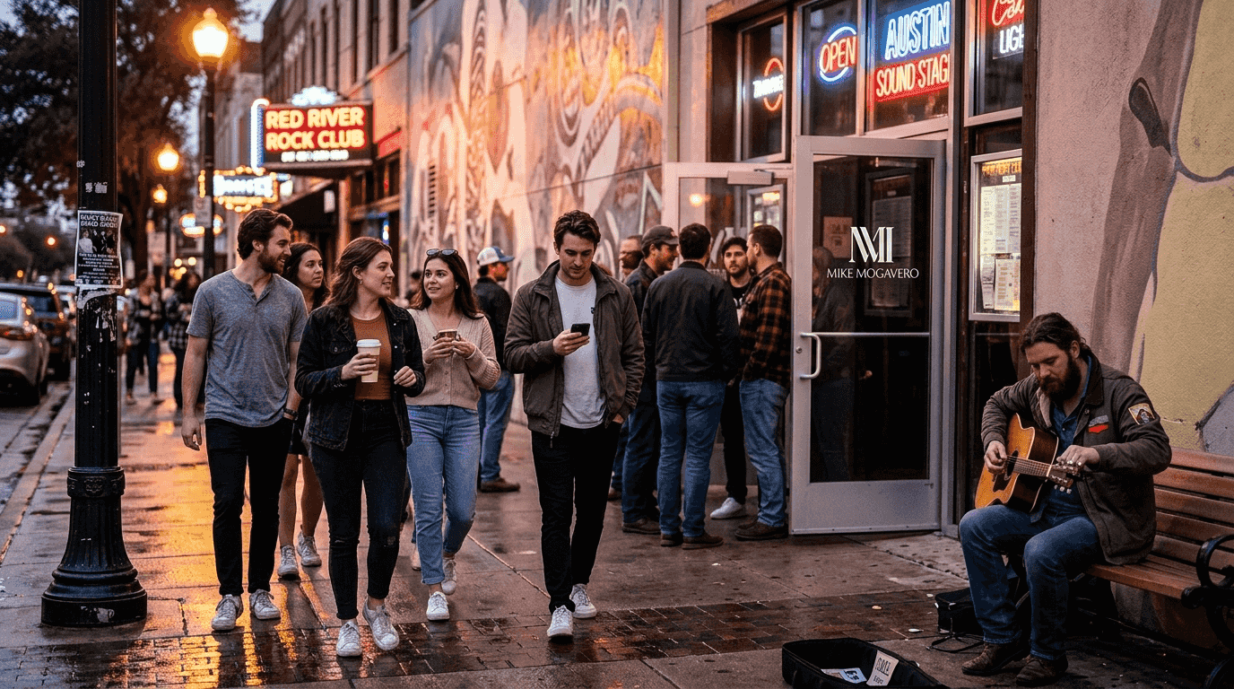 Friends passing Austin live music venues