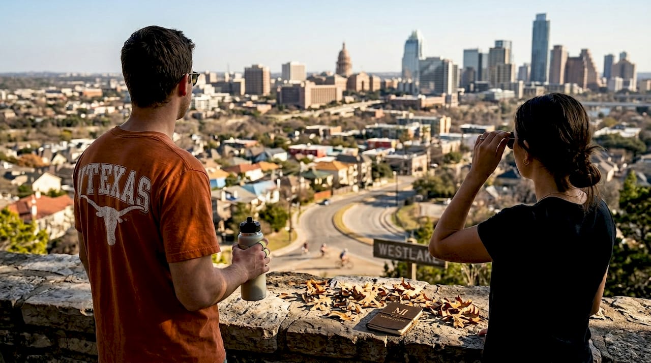 Couple overlooking Austin neighborhoods skyline