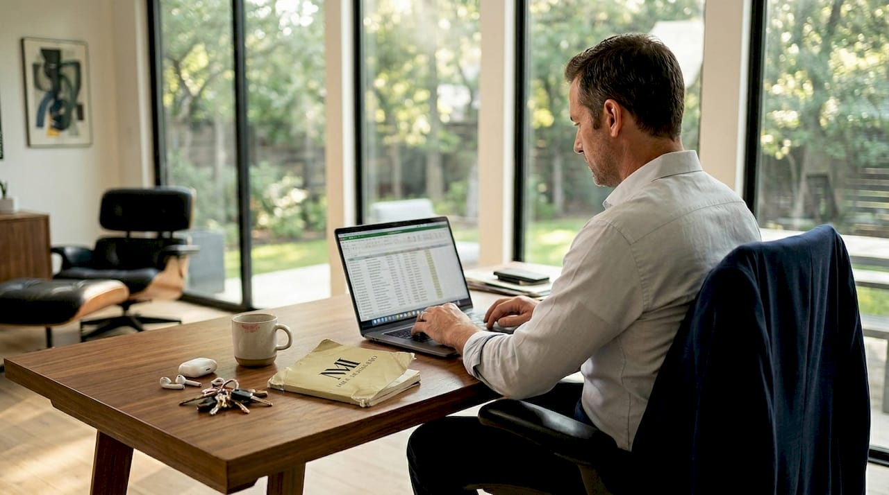 Man reviews listings in modern Austin office