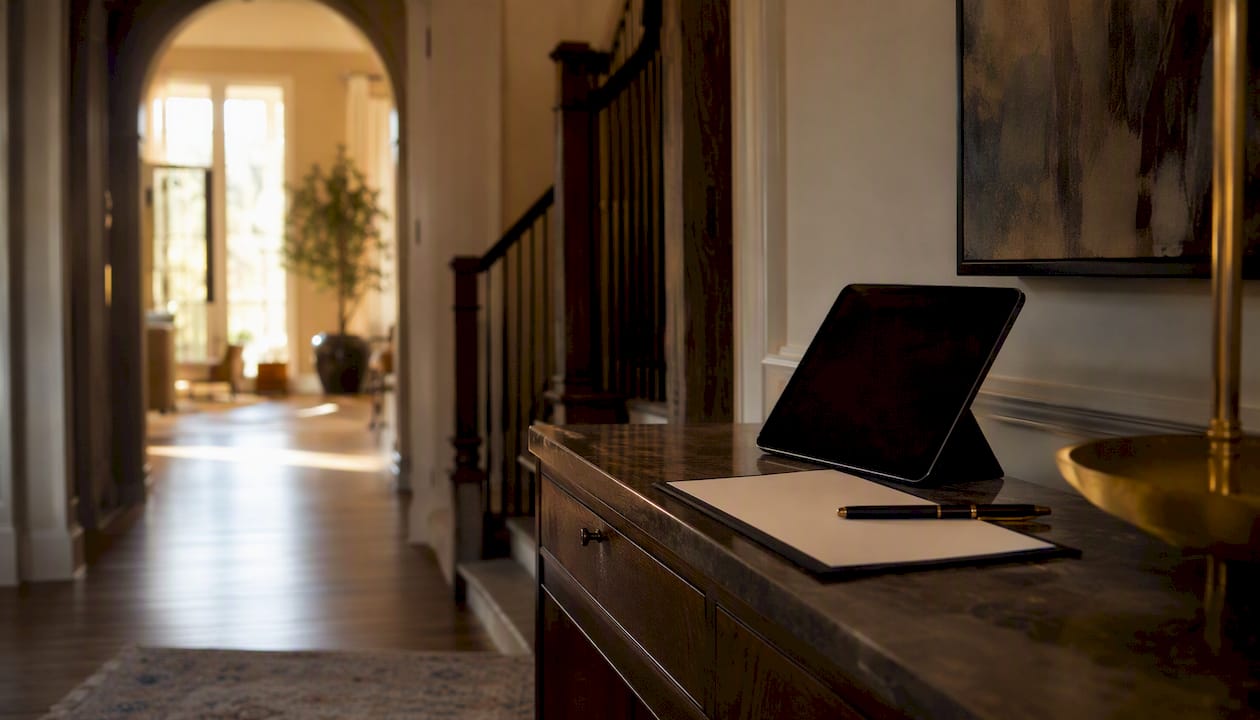 Empty living room with contract clipboard and open door