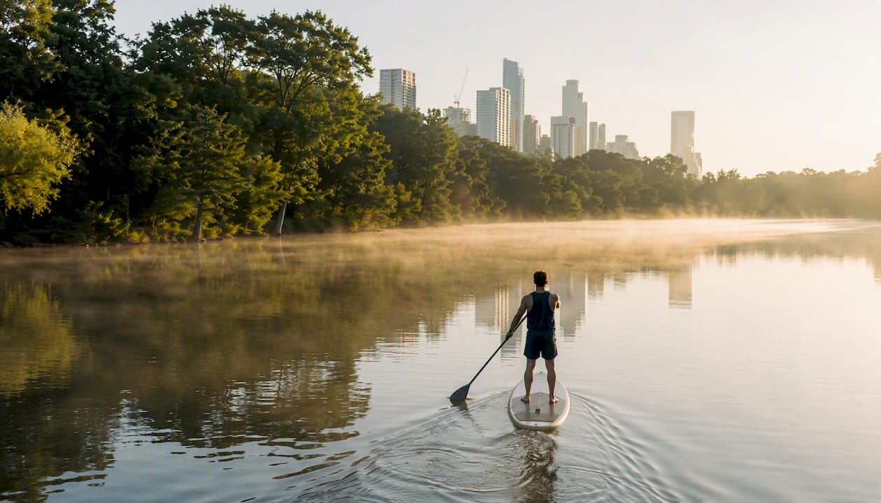 Paddleboard on Lady Bird Lake at sunset