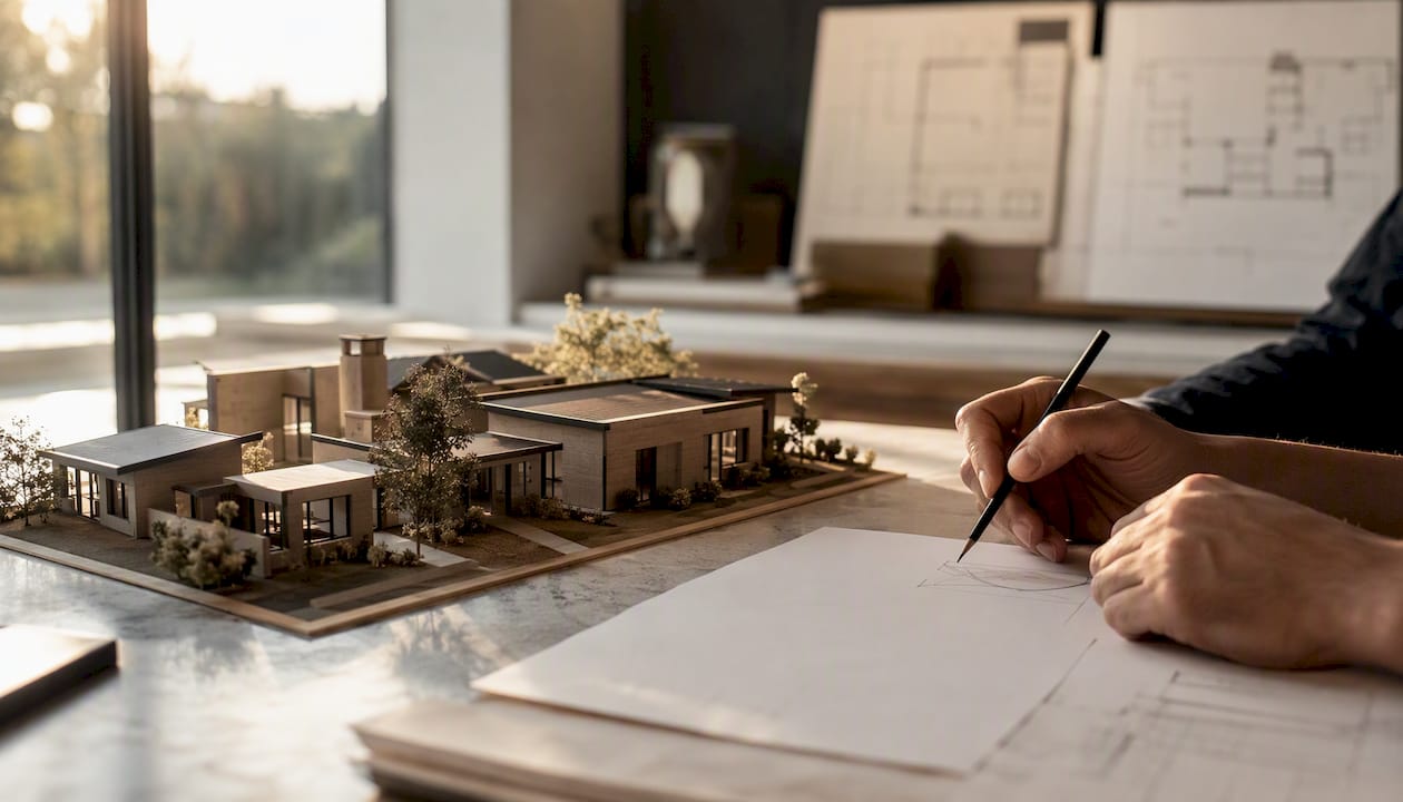 Hands holding tablet beside house model
