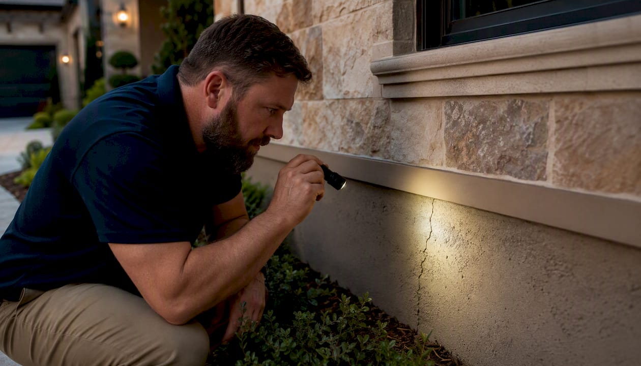 Home inspector examining new home foundation
