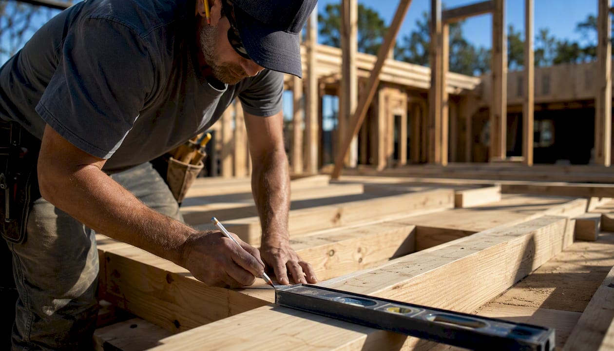 Builder measuring lumber framing on home site